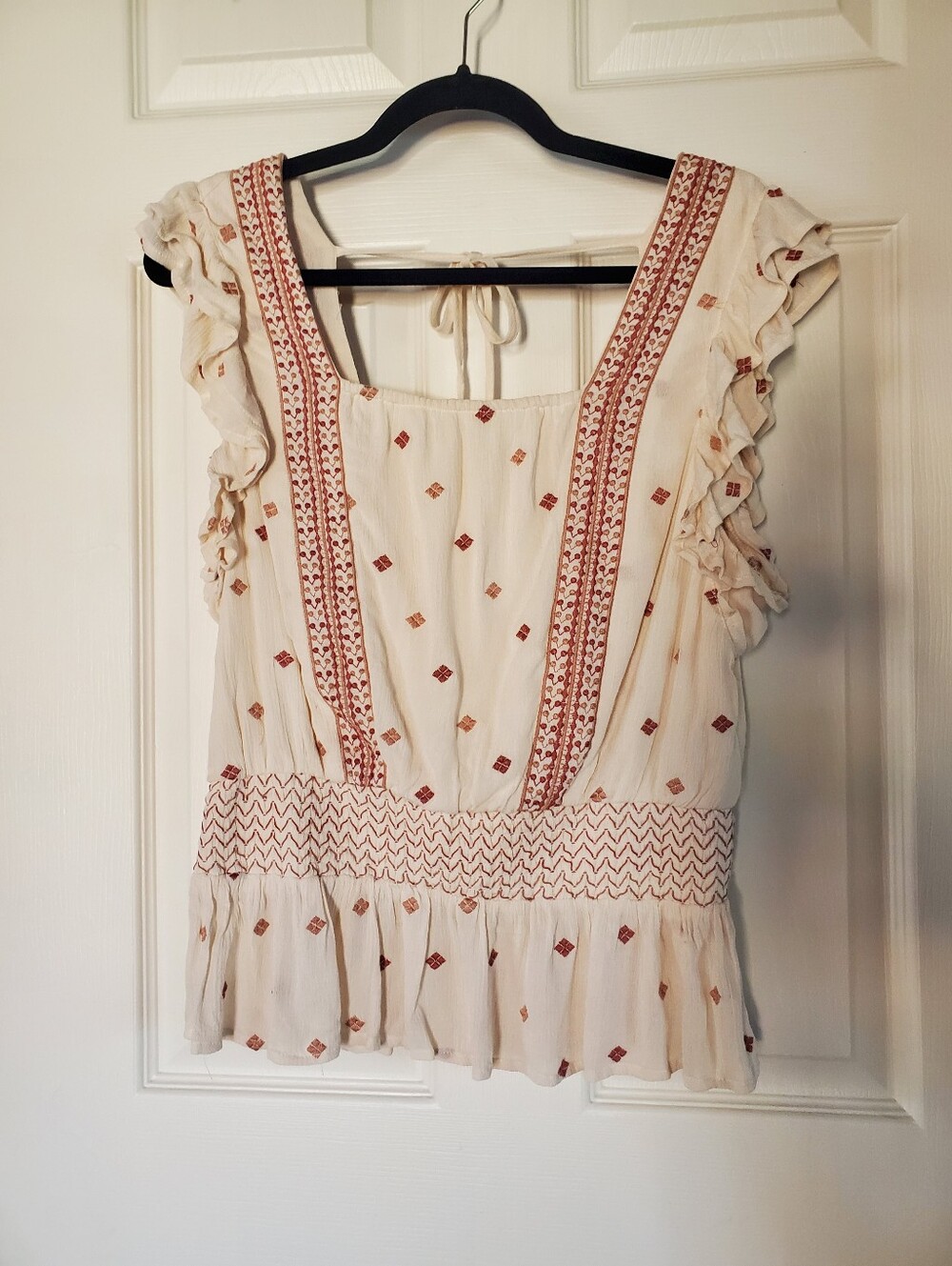 Bohemian Smoked Top Flutter Short Sleeves Embroidered Peplum Cream Red Large